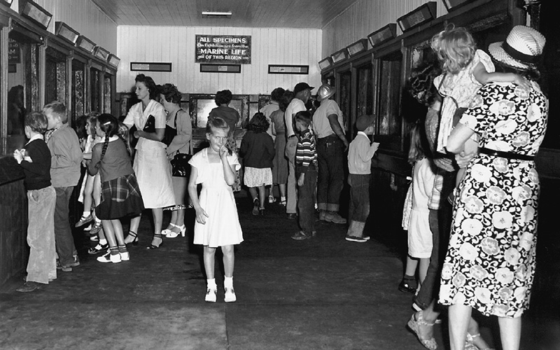 Families walk through a vintage aquarium in this black and white photo.