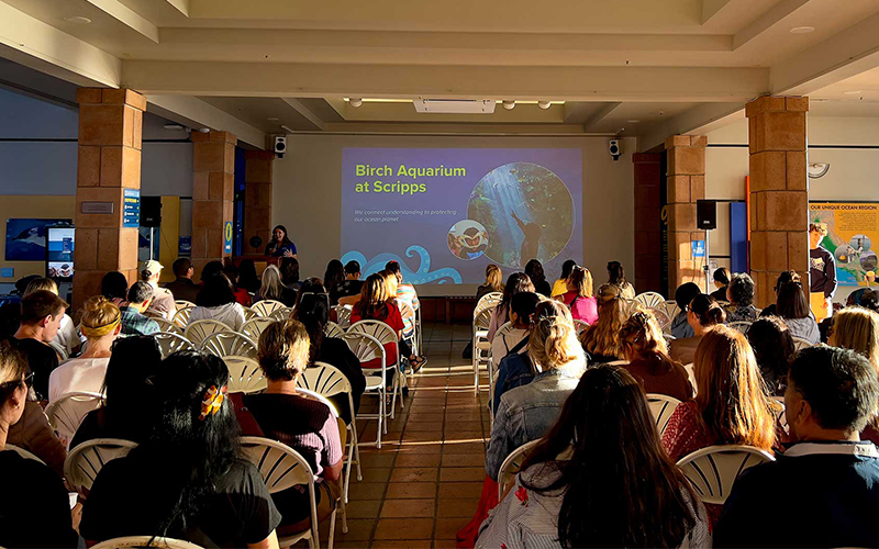 Teachers gather at the aquarium to learn more about educational offerings at the aquarium.