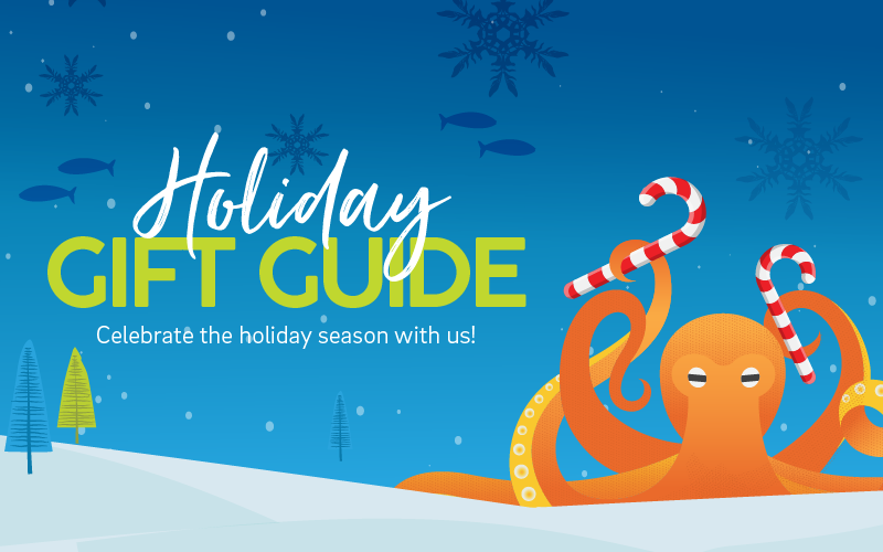 Graphic featuring an octopus holding two candy canes