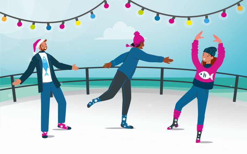 An illustration of people sliding across a sock skating rink.