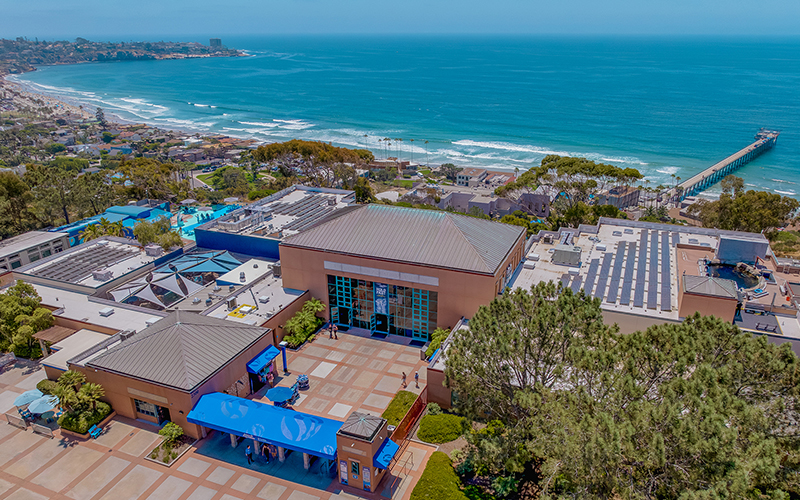 Aerial image of Birch Aquarium and Scripps Pier.