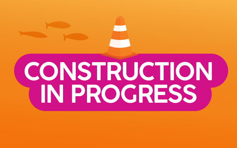 Graphic featuring the phrase 'Construction in Progress' prominently displayed. A bright orange construction cone is positioned in the foreground.