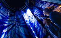 Guests Explore a labyrinth of cyanotype-printed giant kelp by photo-based artist and marine scientist Oriana Poindexter