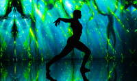a dancer in the Embodied Pacific: Ocean Unseen installation Superradiance. EmbodyingEarth. moves with the projected imagery on the wall behind