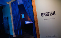 Entrance to an exhibit featuring the Oarfish, Regalecus russellii, with blue curtains framing a dark room where the preserved deep-sea fish is displayed in a lit case.