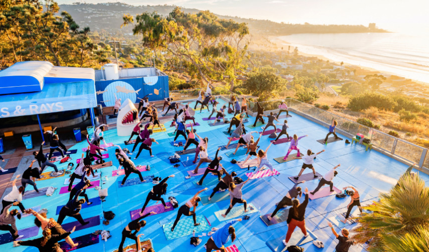 students participate in a yoga class on a blue patio at Birch Aquarium at sunset, overlooking the ocean